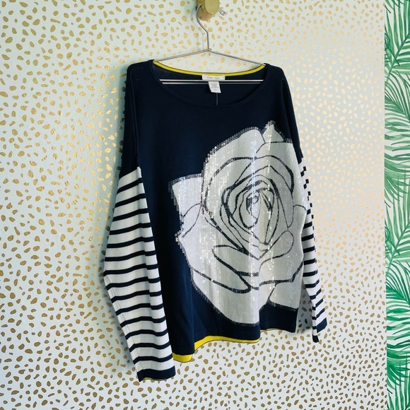 Joan Vass Rose Intarsia Striped-Sleeve Sweater Sequin NWT - Picture 5 of 8